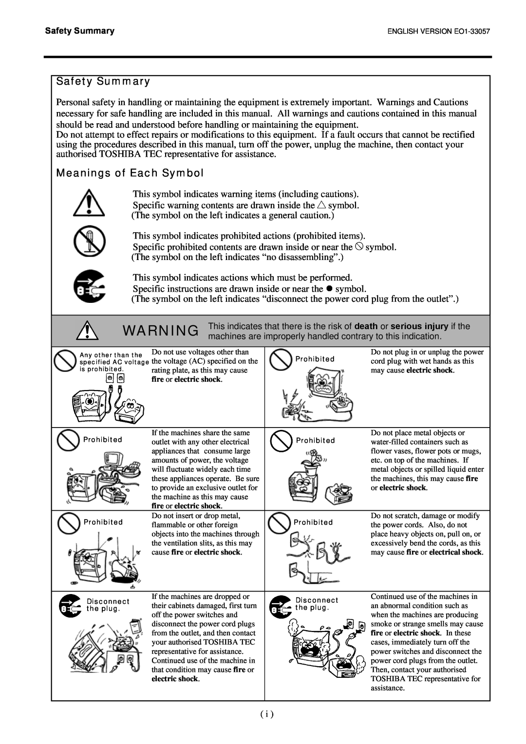Toshiba B-SX8T SERIES, EO1-33057D owner manual Safety Summary, Meanings of Each Symbol 