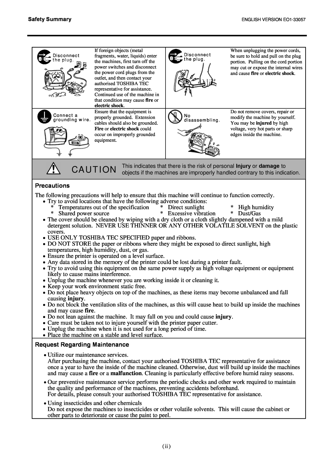 Toshiba B-SX8T SERIES, EO1-33057D owner manual Precautions, Request Regarding Maintenance 