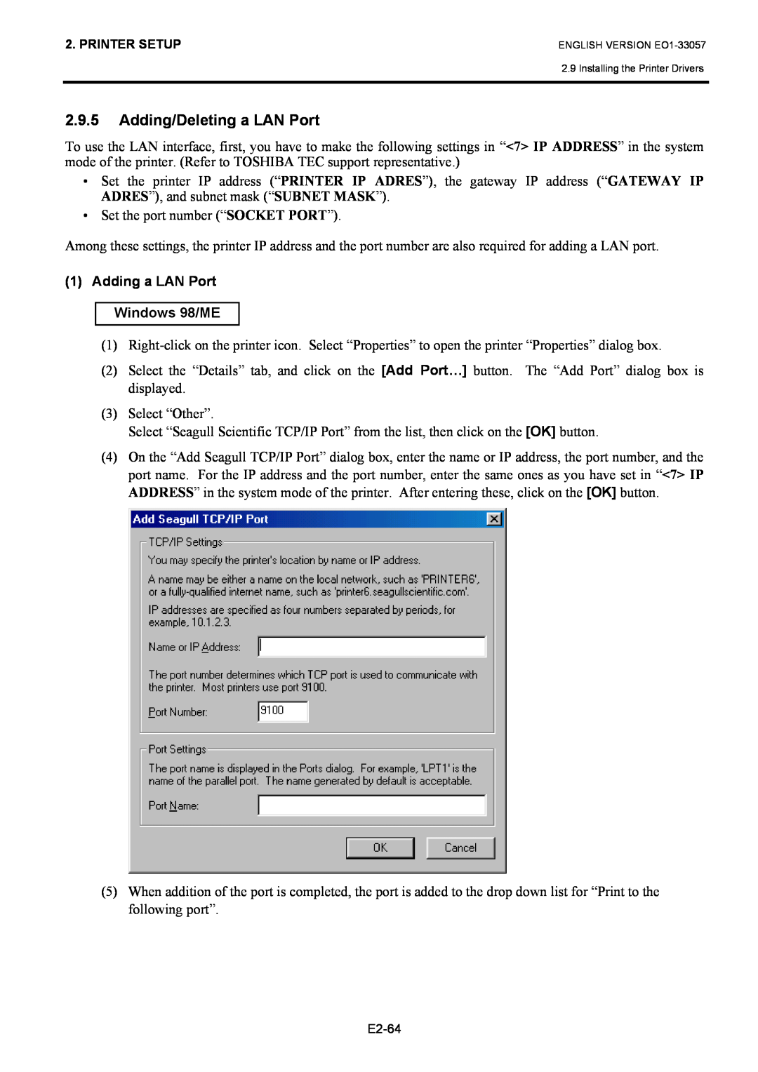 Toshiba B-SX8T SERIES, EO1-33057D owner manual Adding/Deleting a LAN Port, Adding a LAN Port Windows 98/ME 