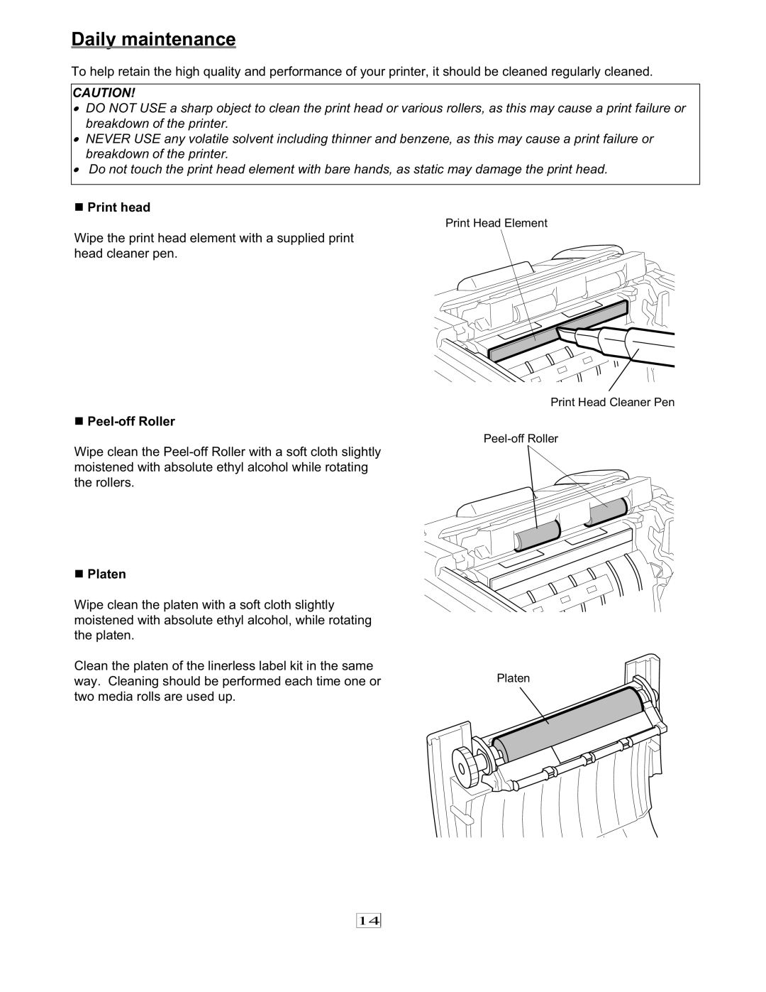 Toshiba 7FM03281000, EO1-33079 owner manual Daily maintenance, „ Print head, „ Peel-off Roller, „ Platen 