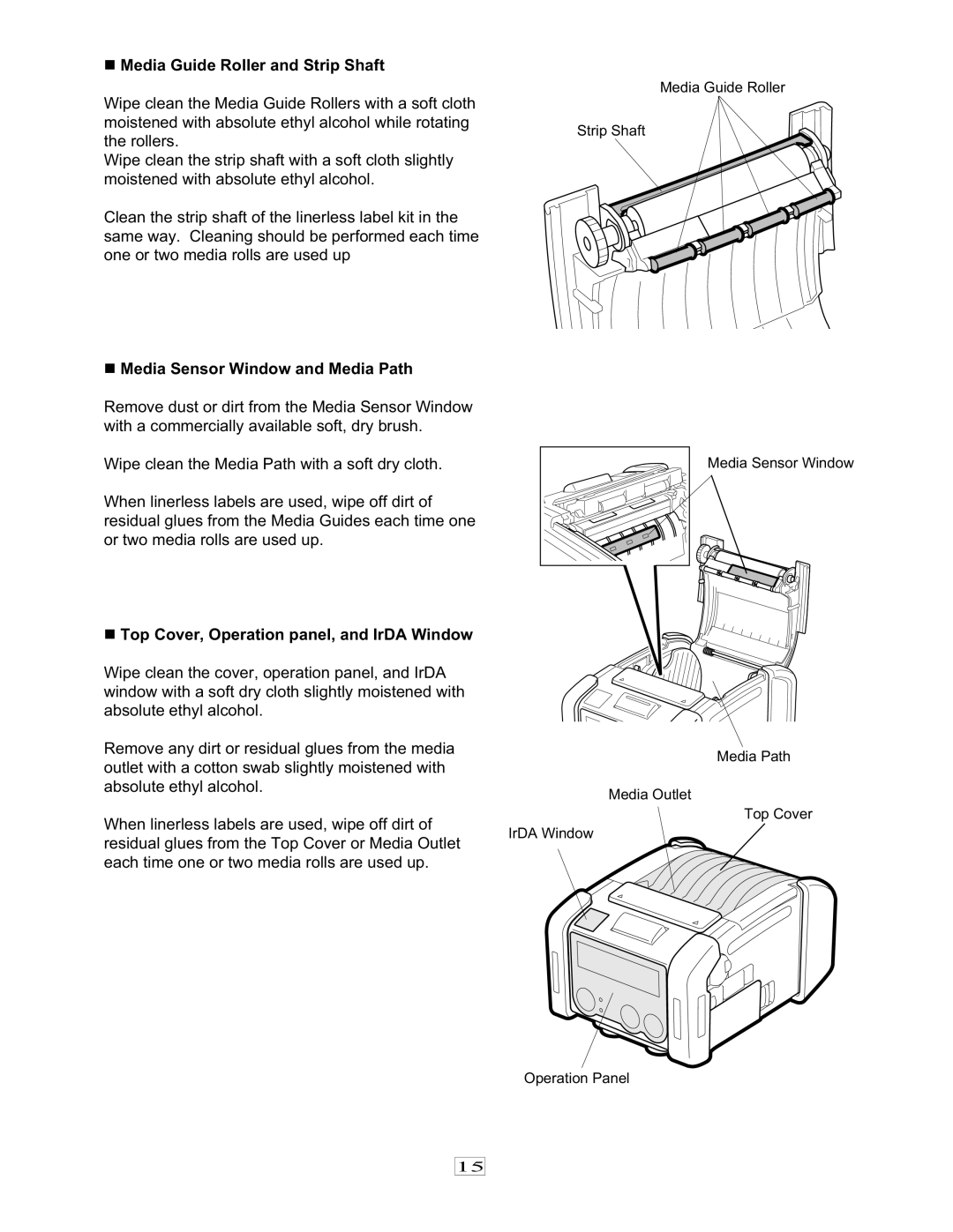 Toshiba EO1-33079, 7FM03281000 owner manual „ Media Guide Roller and Strip Shaft, „ Media Sensor Window and Media Path 