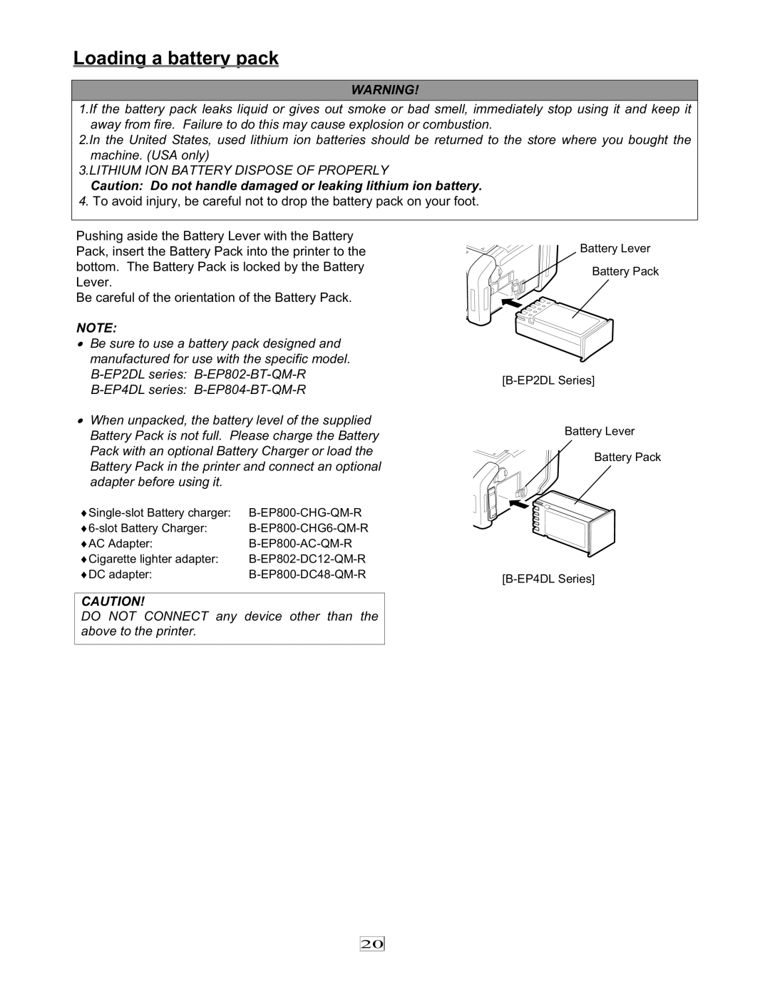 Toshiba 7FM03281000, EO1-33079 owner manual Loading a battery pack, EP800-CHG-QM-R, EP800-CHG6-QM-R, EP800-AC-QM-R 