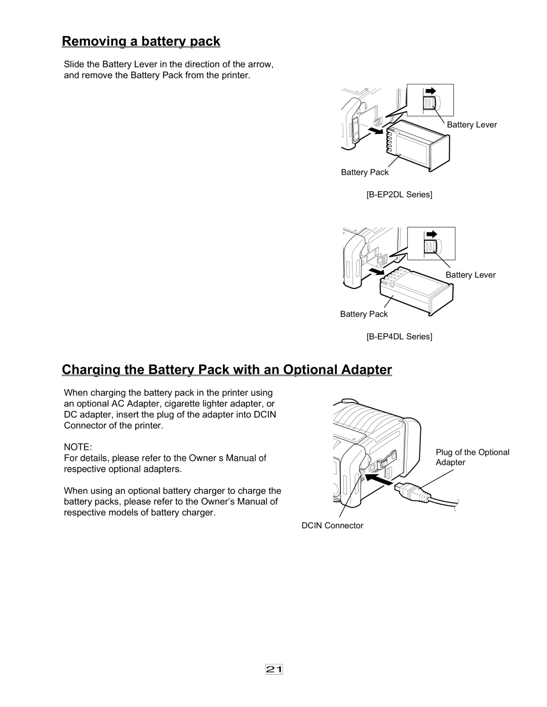 Toshiba EO1-33079, 7FM03281000 owner manual Removing a battery pack, Charging the Battery Pack with an Optional Adapter 