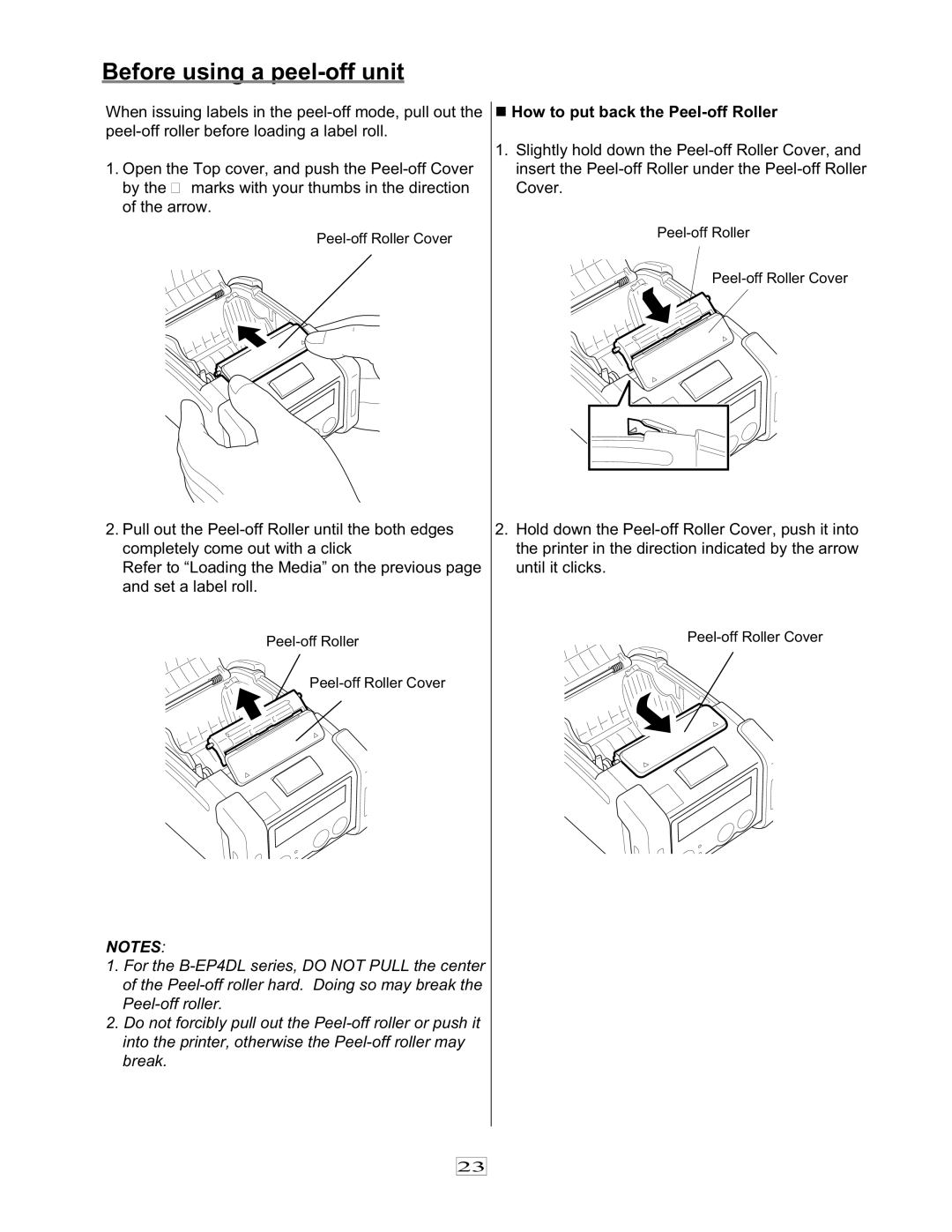 Toshiba EO1-33079, 7FM03281000 owner manual Before using a peel-off unit, „ How to put back the Peel-off Roller 