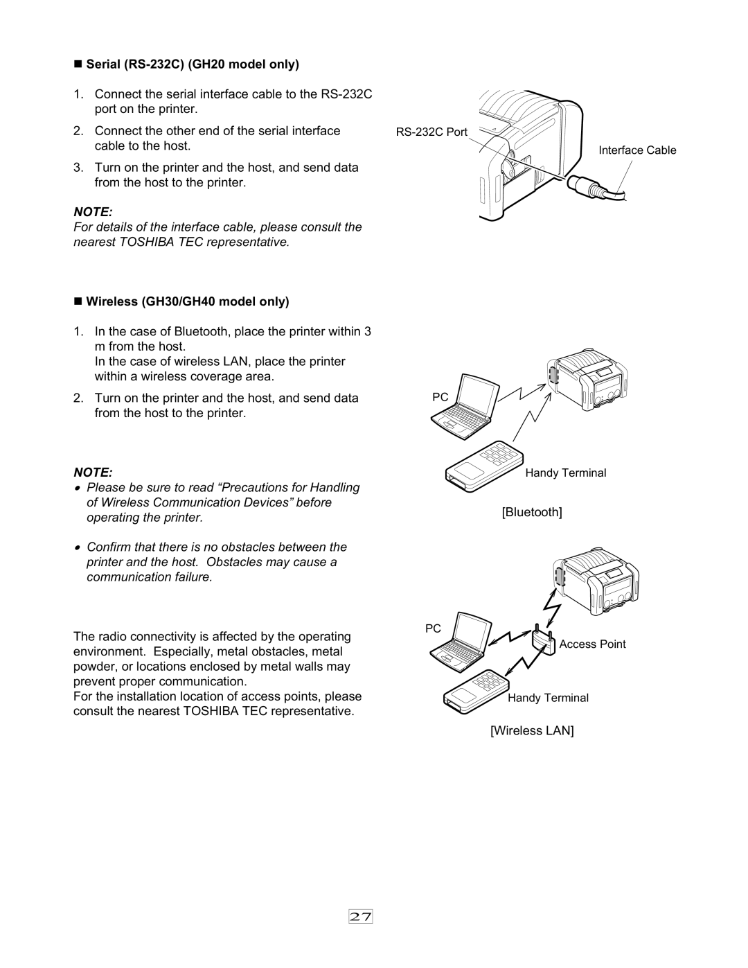 Toshiba EO1-33079, 7FM03281000 owner manual „ Serial RS-232C GH20 model only, „ Wireless GH30/GH40 model only 