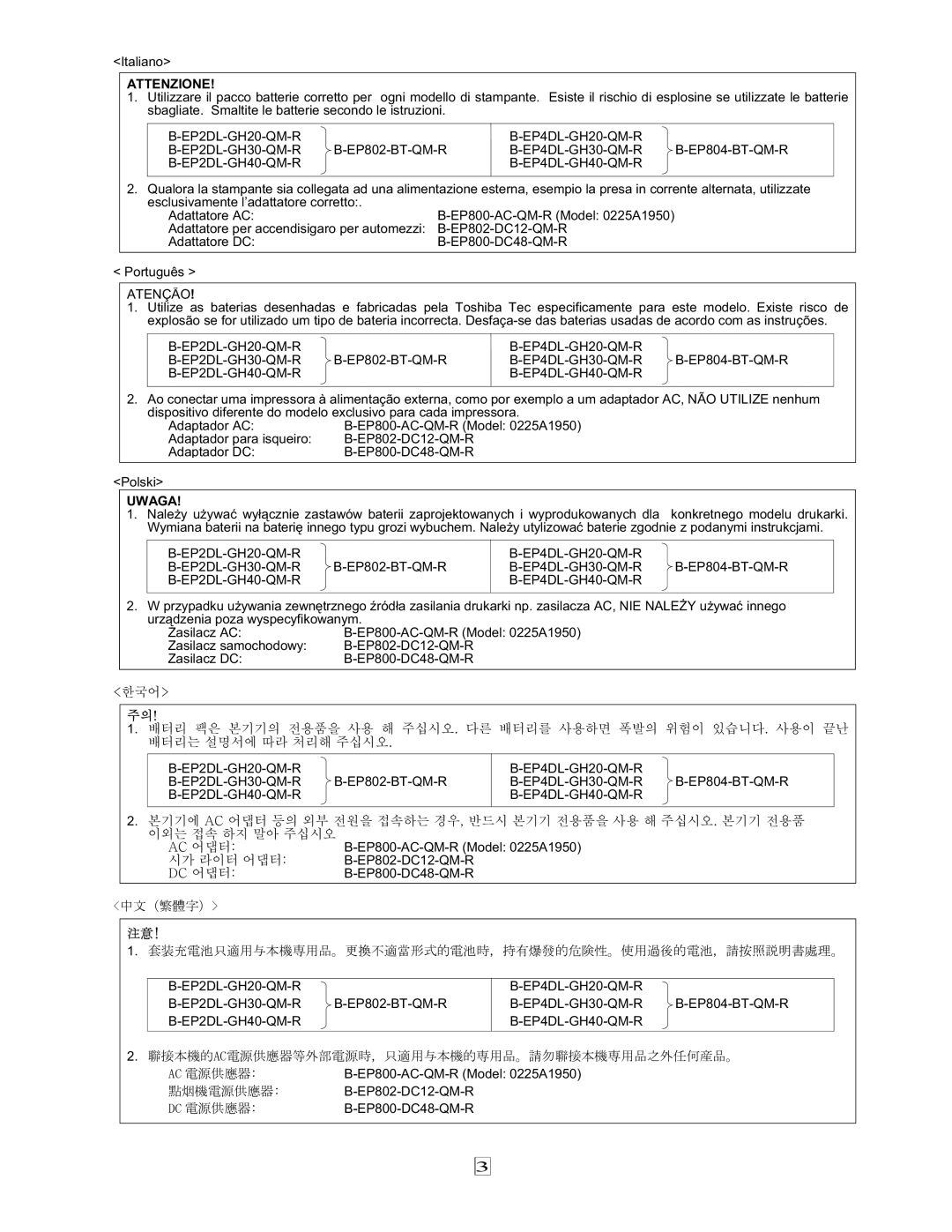 Toshiba EO1-33079, 7FM03281000 owner manual Attenzione 