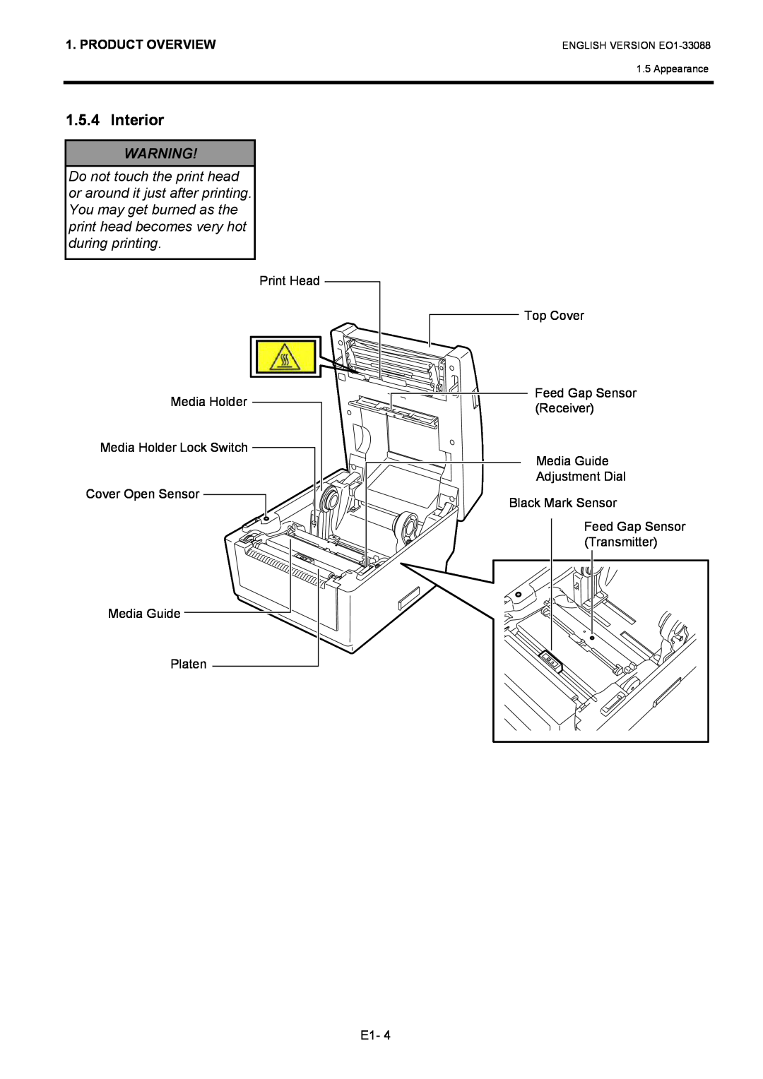 Toshiba EO1-33088 Interior, Product Overview, Print Head Media Holder Media Holder Lock Switch Cover Open Sensor 
