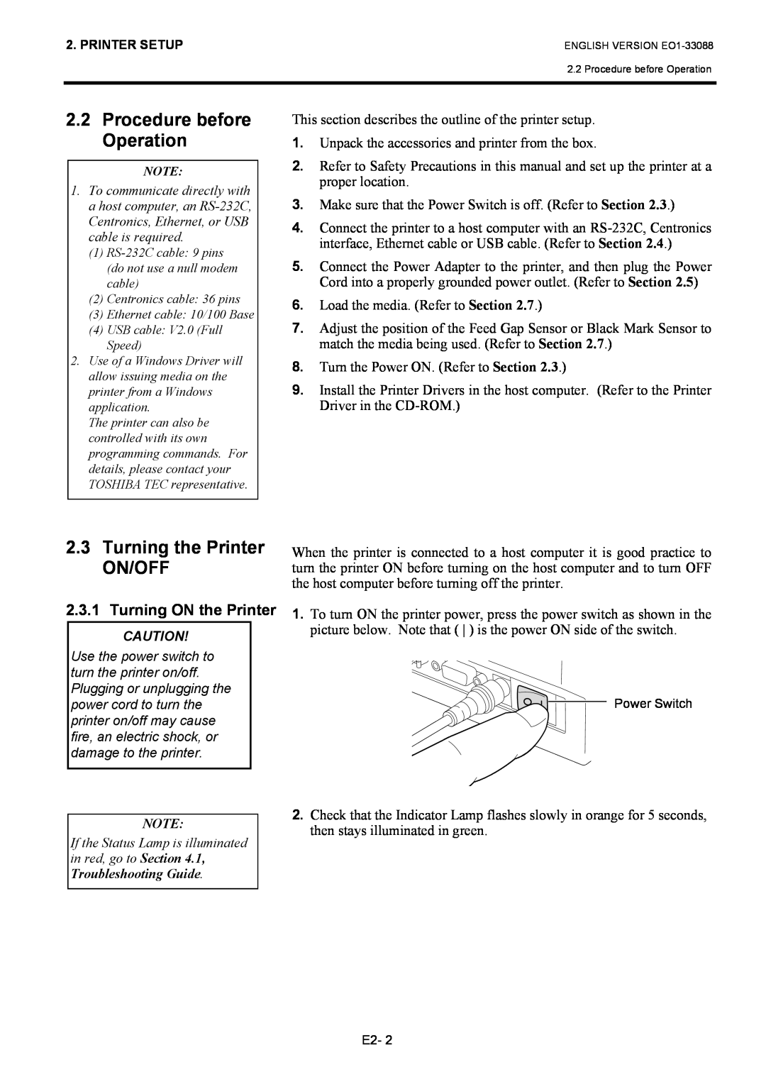 Toshiba B-EV4D SERIES, EO1-33088 owner manual Procedure before Operation, Turning the Printer ON/OFF, Turning ON the Printer 