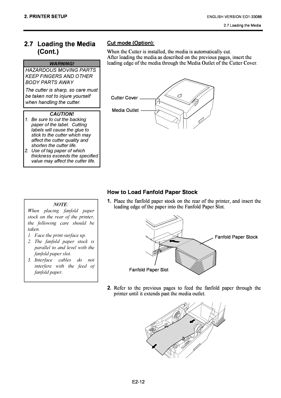 Toshiba B-EV4D SERIES, EO1-33088 owner manual How to Load Fanfold Paper Stock, Loading the Media Cont, Cut mode Option 