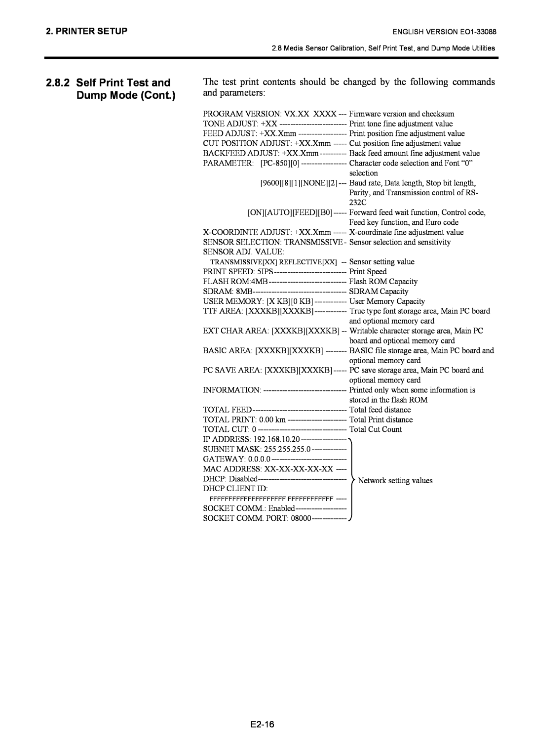 Toshiba B-EV4D SERIES, EO1-33088 owner manual Self Print Test and Dump Mode Cont, Printer Setup, E2-16 
