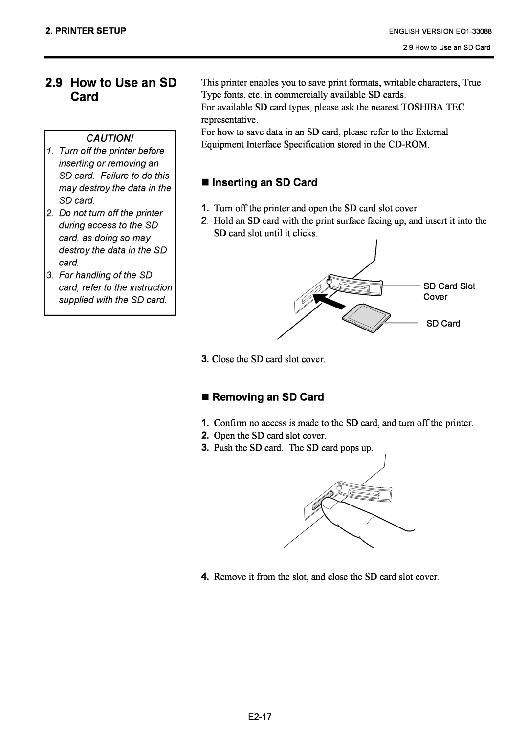 Toshiba EO1-33088, B-EV4D SERIES owner manual How to Use an SD Card, „ Inserting an SD Card, „ Removing an SD Card 