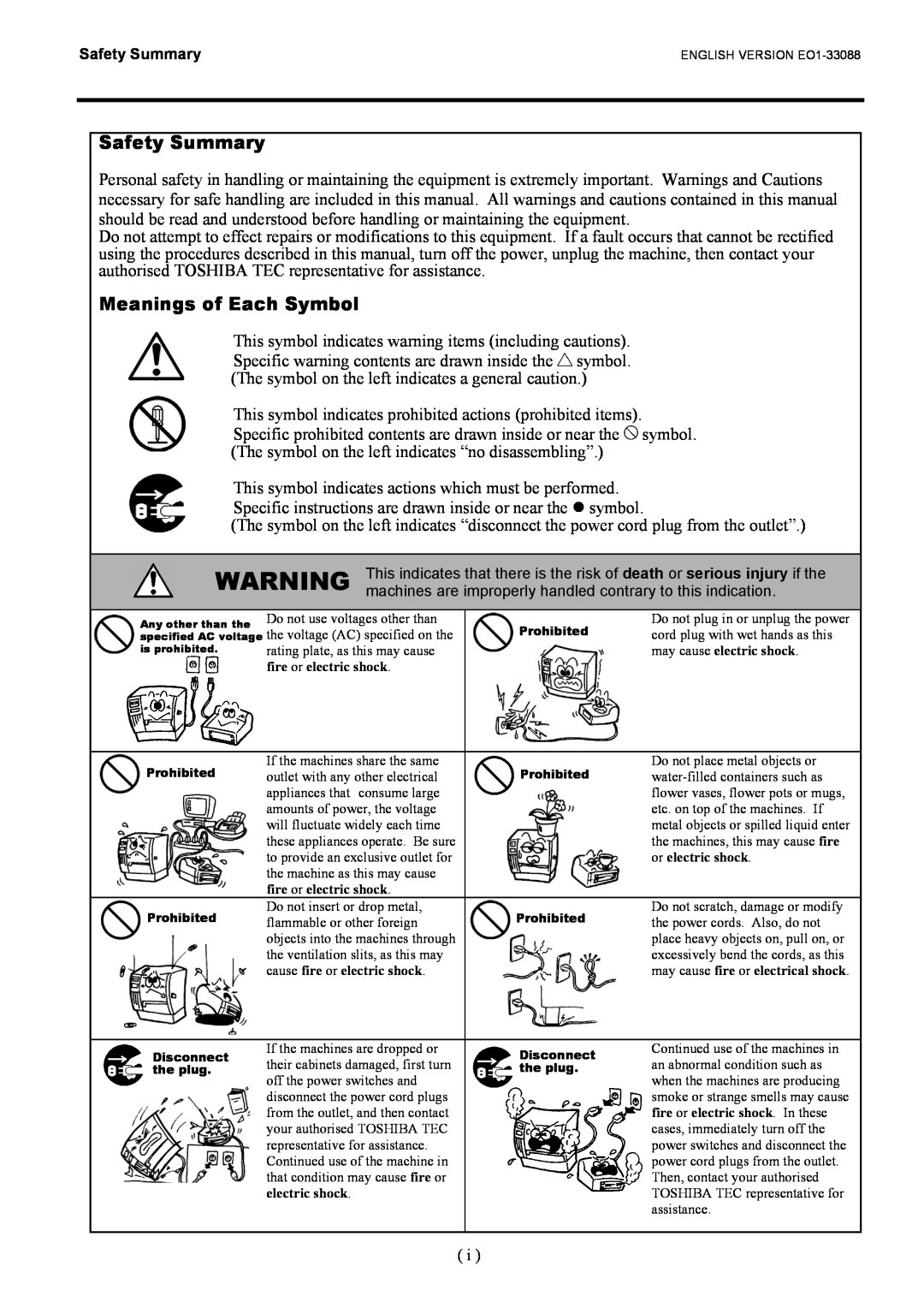 Toshiba B-EV4D SERIES, EO1-33088 owner manual Safety Summary, Meanings of Each Symbol 