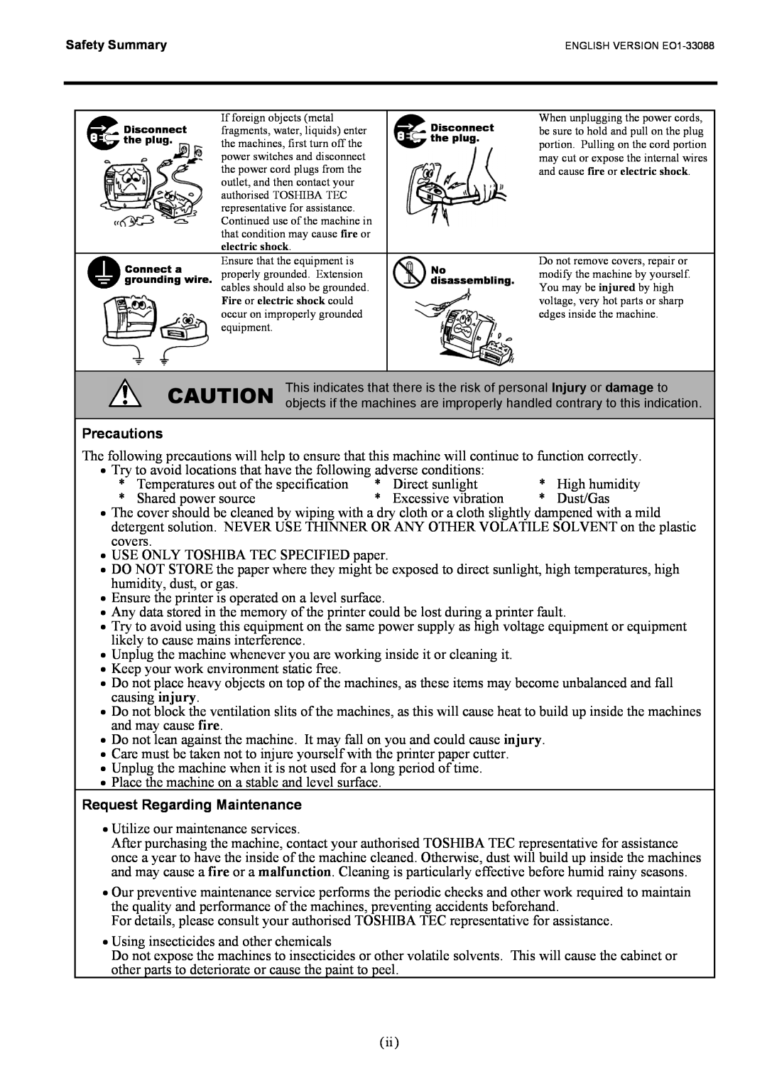 Toshiba EO1-33088, B-EV4D SERIES owner manual Precautions, Request Regarding Maintenance 