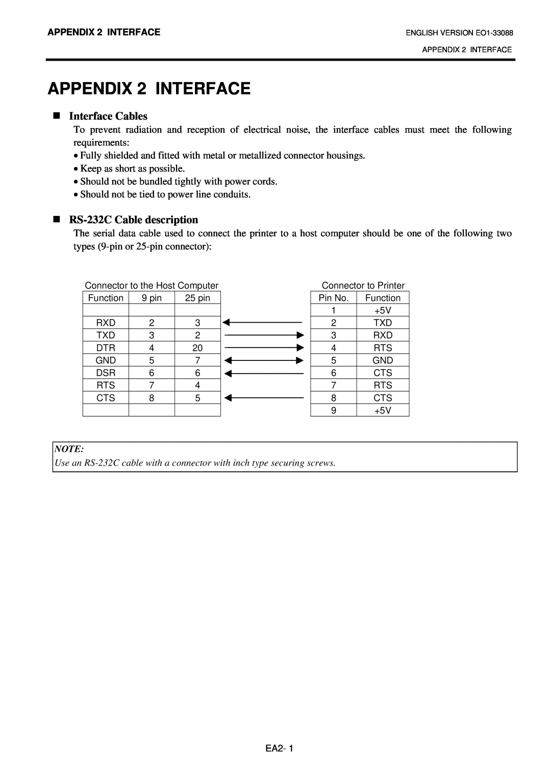 Toshiba B-EV4D SERIES, EO1-33088 owner manual APPENDIX 2 INTERFACE, Interface Cables, RS-232C Cable description 