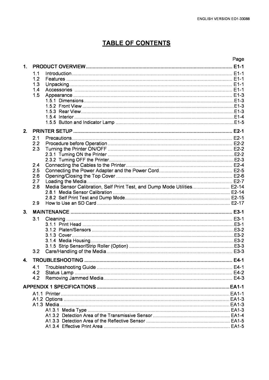 Toshiba B-EV4D SERIES Table Of Contents, Product Overview, E1-1, E2-1, Maintenance, E3-1, E4-1, APPENDIX 1 SPECIFICATIONS 