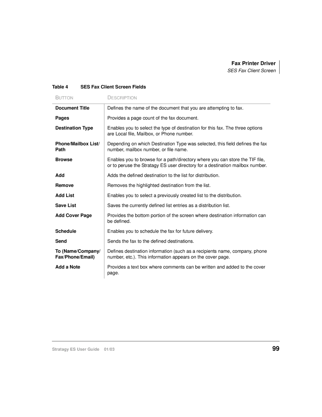 Toshiba ES96R, ES4, ES80 manual SES Fax Client Screen Fields 