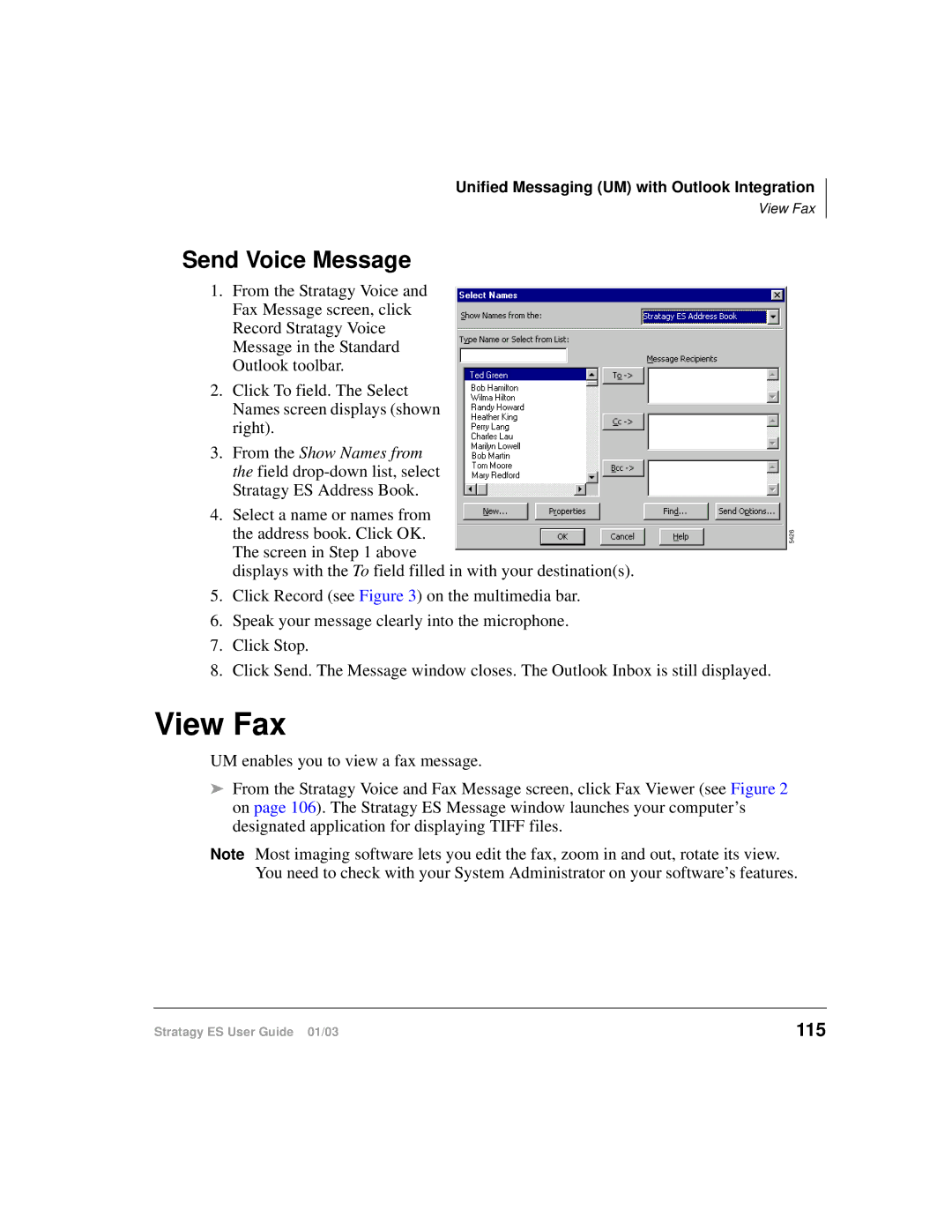 Toshiba ES96R, ES4, ES80 manual View Fax, Send Voice Message, 115 