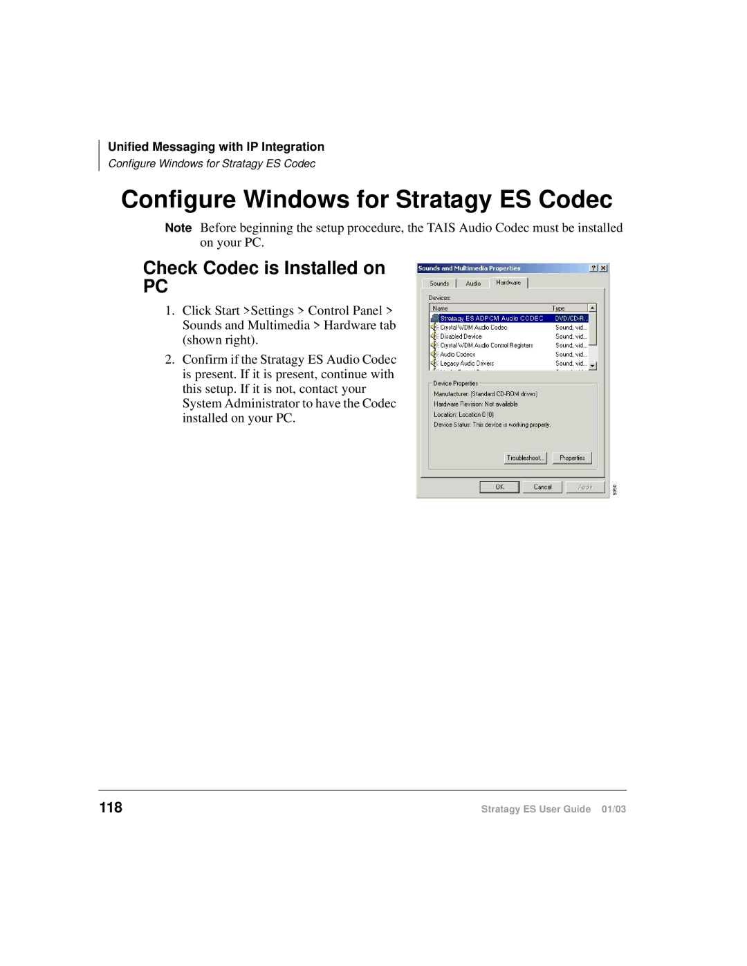 Toshiba ES4, ES96R, ES80 manual Configure Windows for Stratagy ES Codec, Check Codec is Installed on 