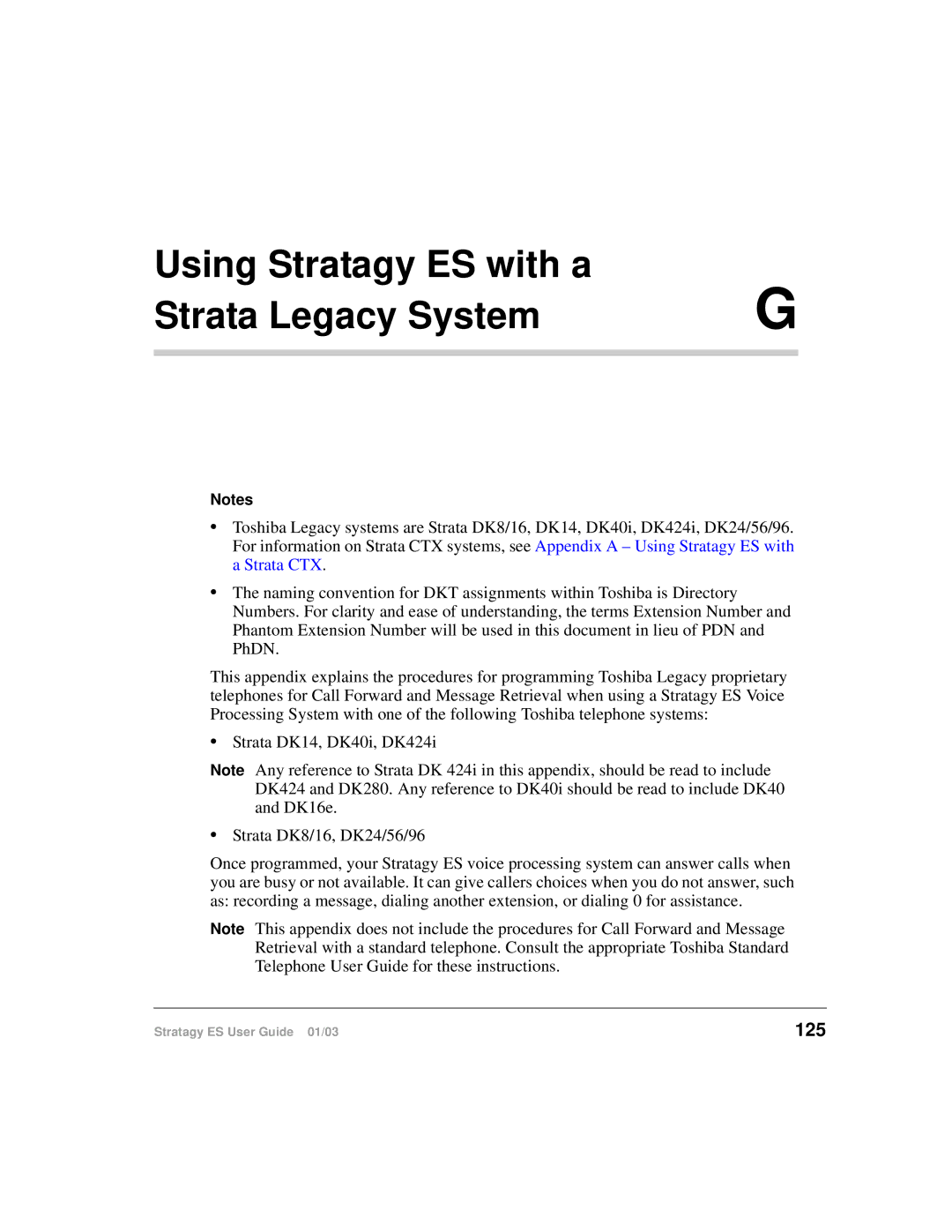 Toshiba ES4, ES96R, ES80 manual Using Stratagy ES with a Strata Legacy System, 125 