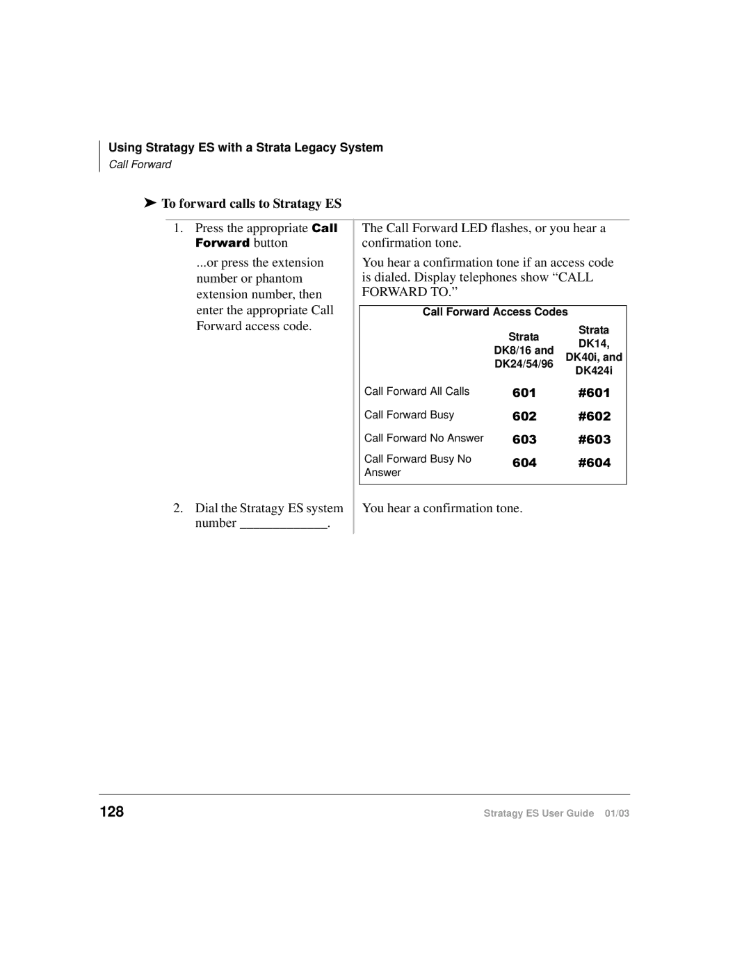 Toshiba ES80, ES4, ES96R manual 128, To forward calls to Stratagy ES 