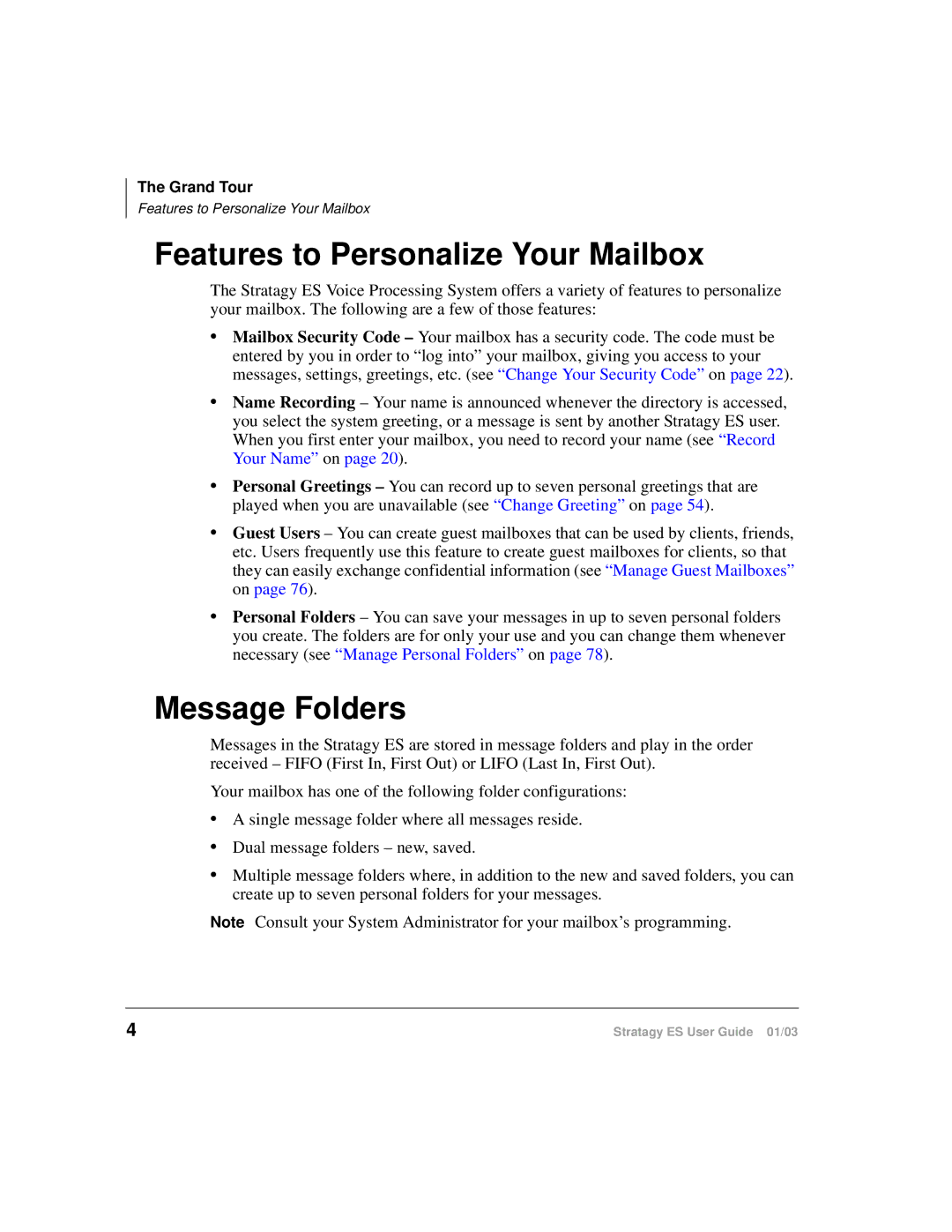 Toshiba ES80, ES4, ES96R manual Features to Personalize Your Mailbox, Message Folders 