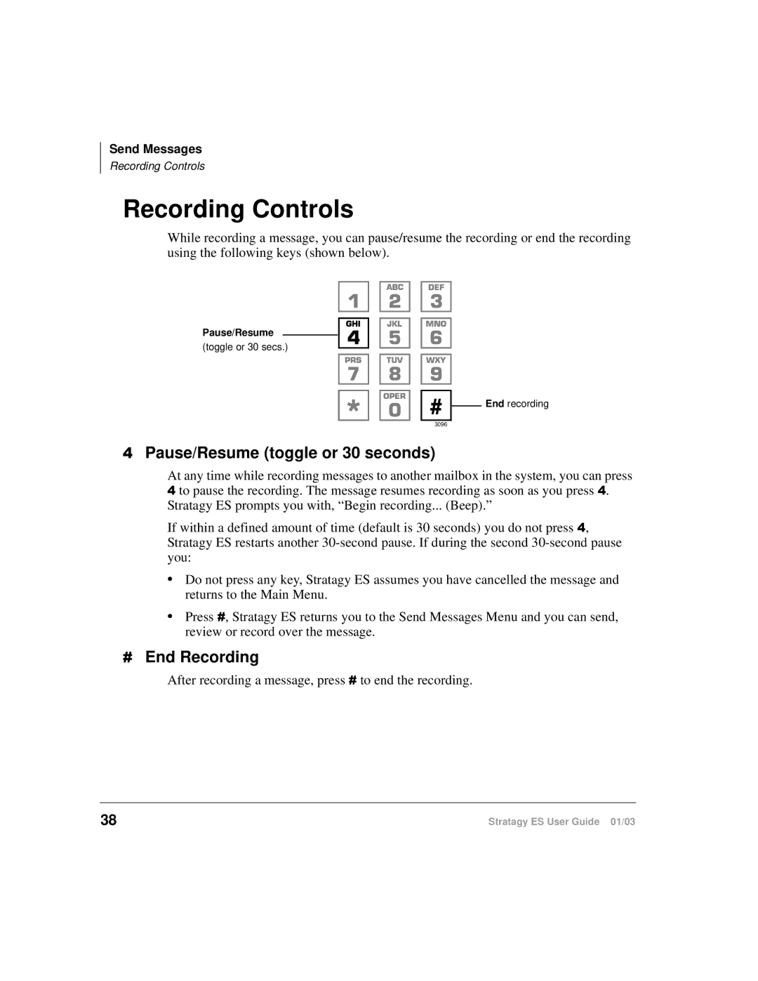 Toshiba ES4, ES96R, ES80 manual Recording Controls, End Recording 