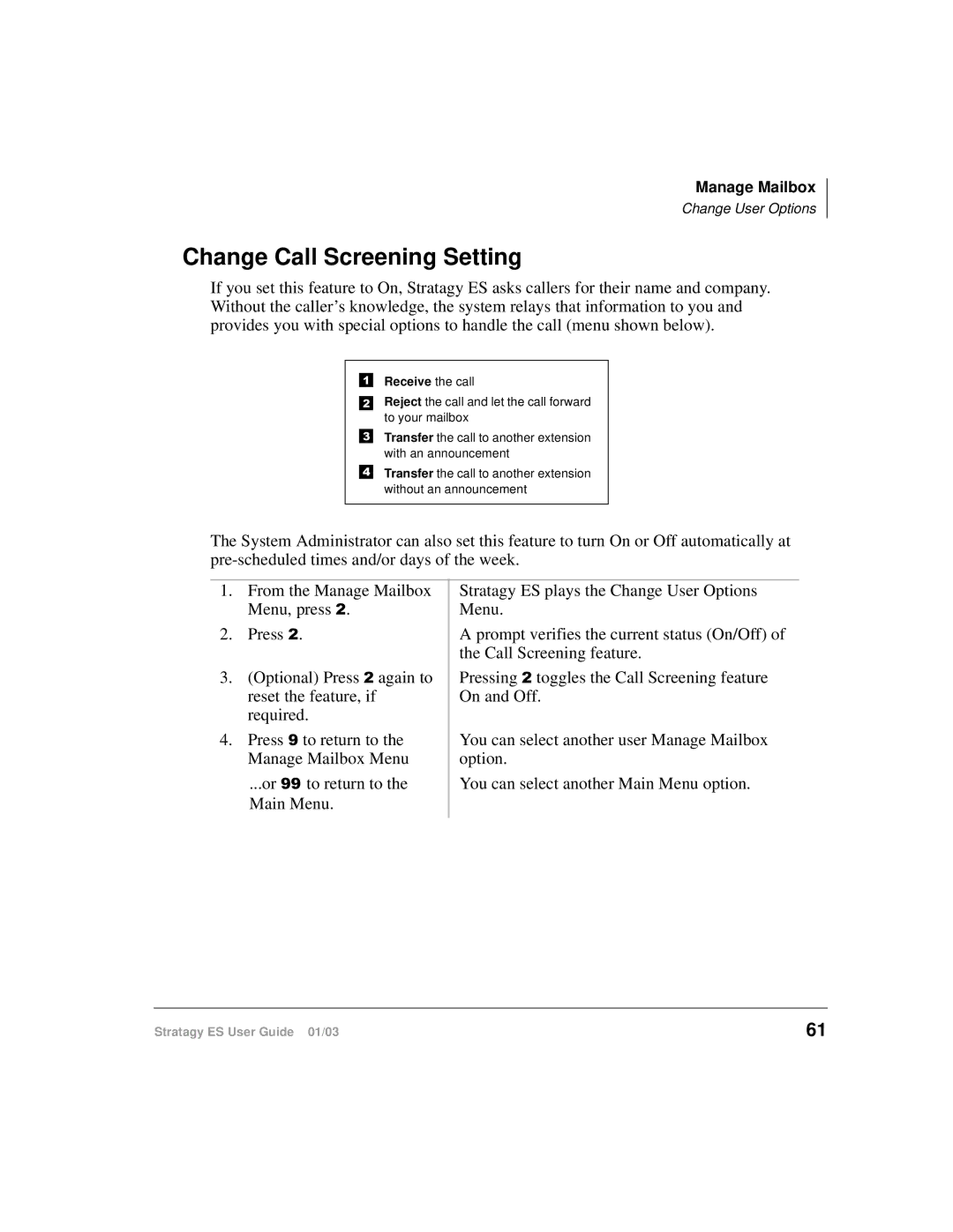 Toshiba ES4, ES96R, ES80 manual Change Call Screening Setting 