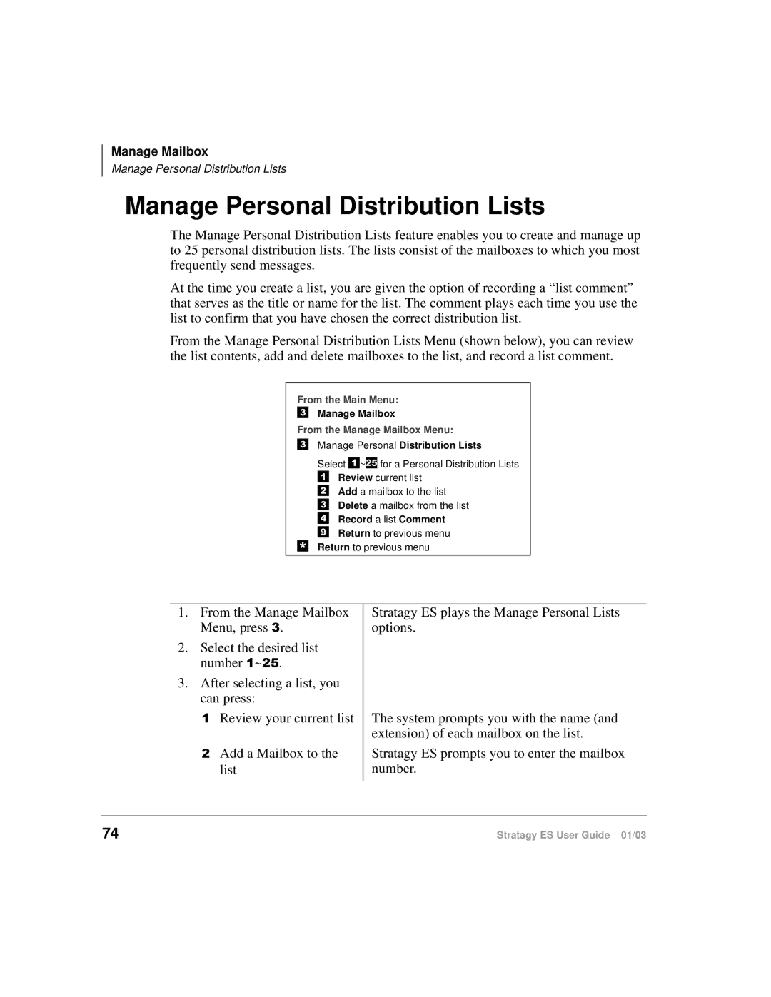 Toshiba ES4, ES96R, ES80 manual Manage Personal Distribution Lists, From the Manage Mailbox Menu 