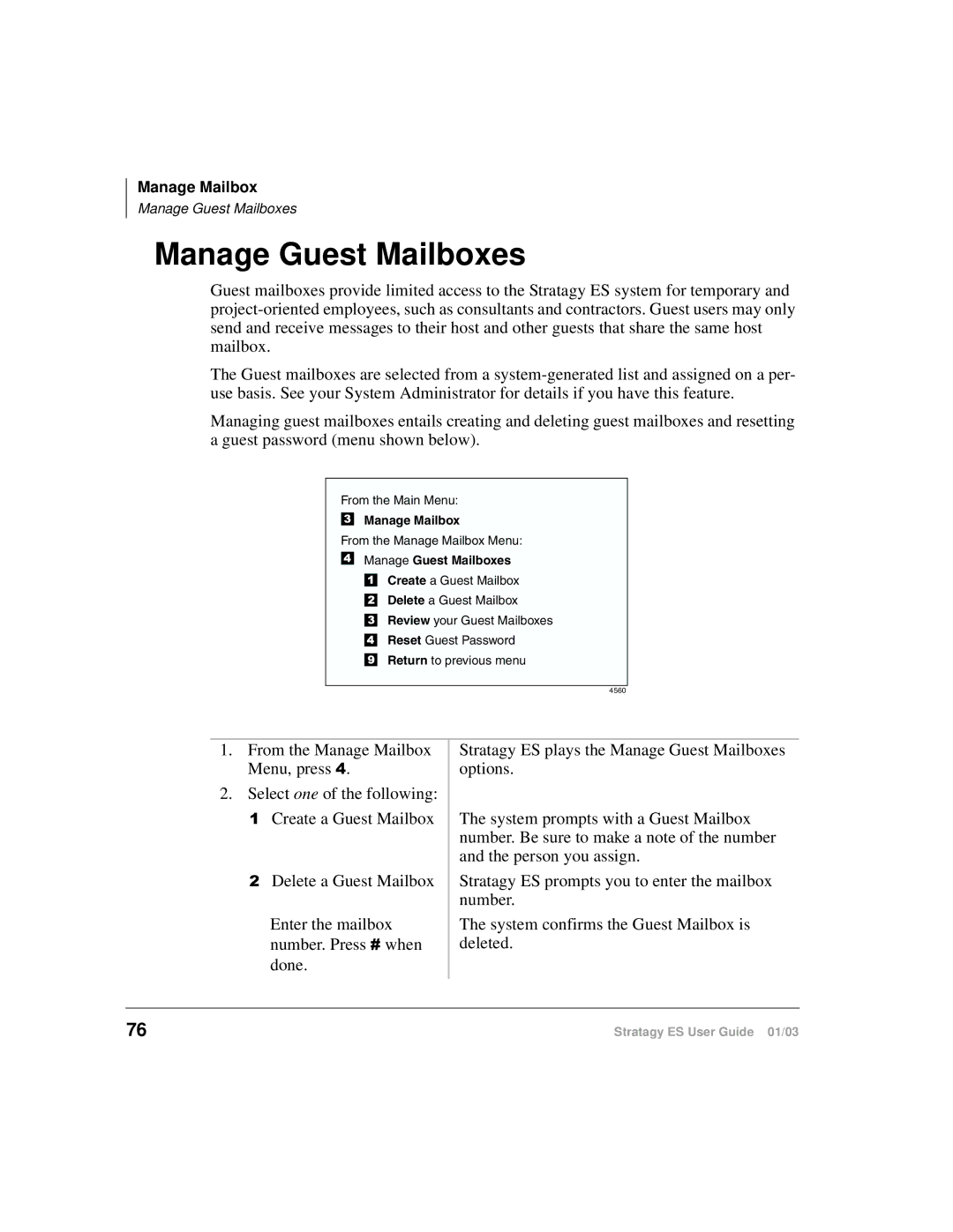 Toshiba ES80, ES4, ES96R manual Manage Guest Mailboxes 