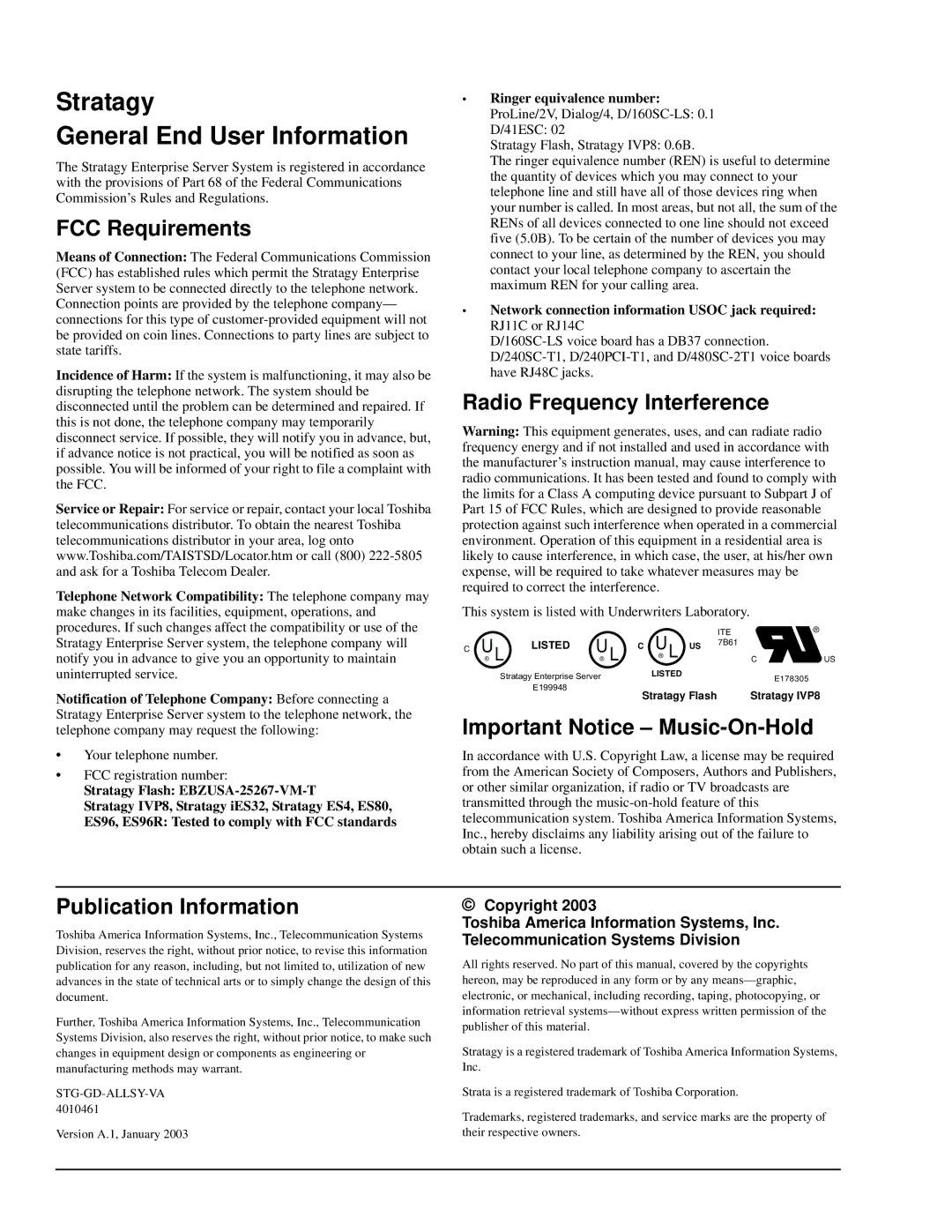 Toshiba ES80, ES4, ES96R, IVP8, IES32 manual Stratagy General End User Information 