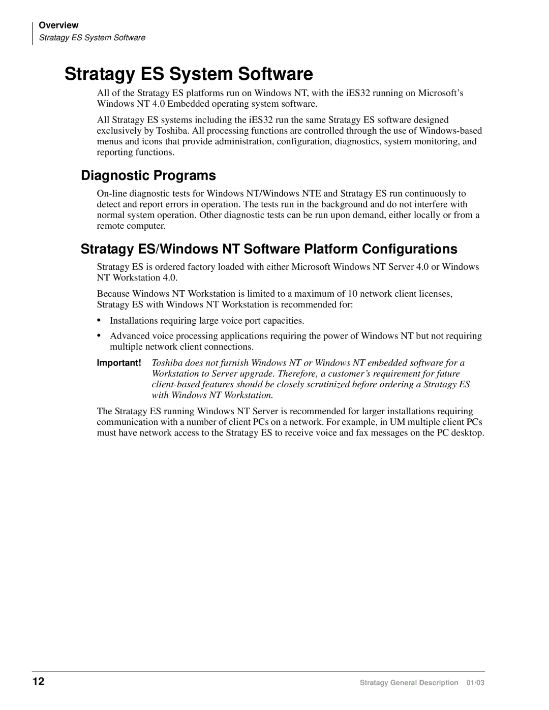 Toshiba ES4 Stratagy ES System Software, Diagnostic Programs, Stratagy ES/Windows NT Software Platform Configurations 