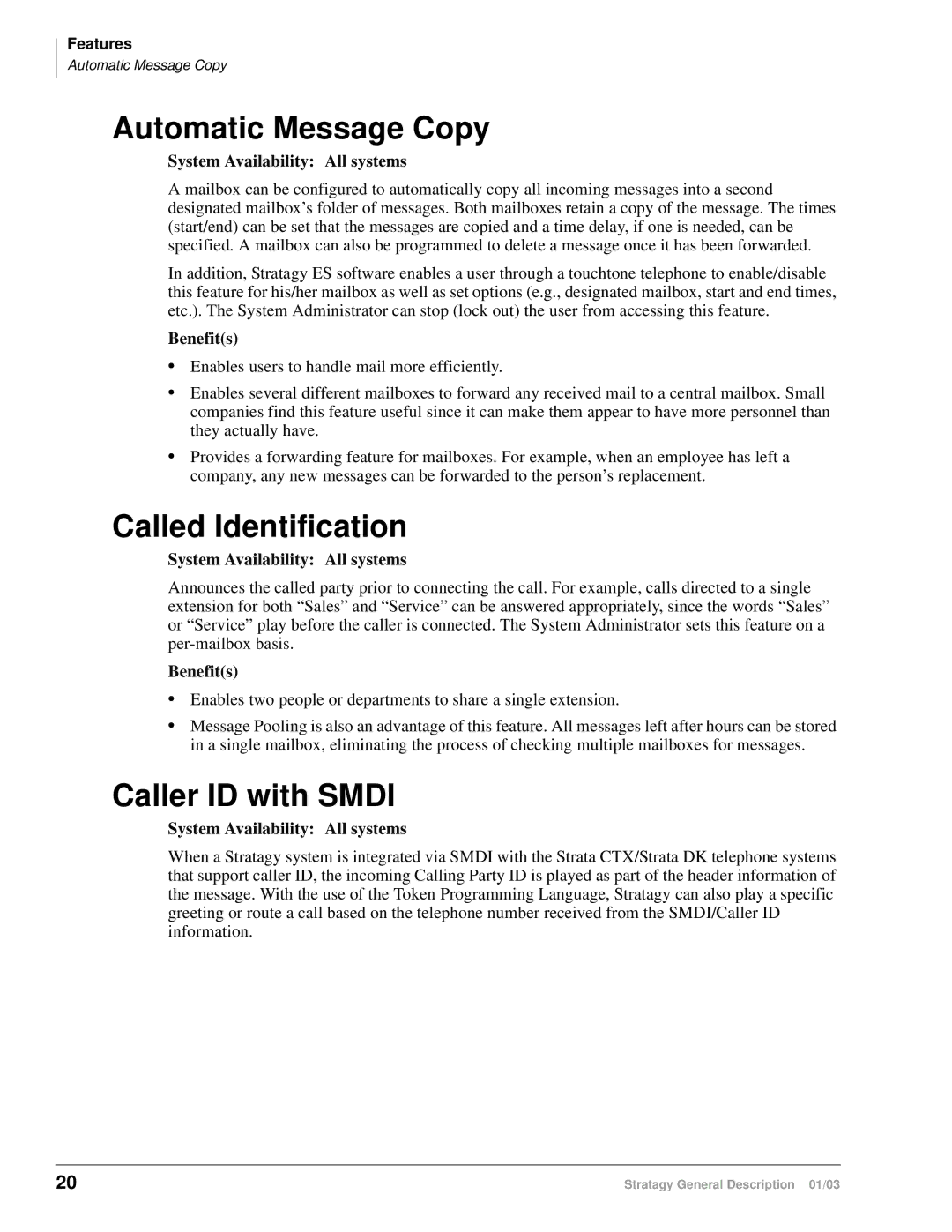 Toshiba ES80, ES4, ES96R, IVP8, IES32 manual Automatic Message Copy, Called Identification, Caller ID with Smdi 