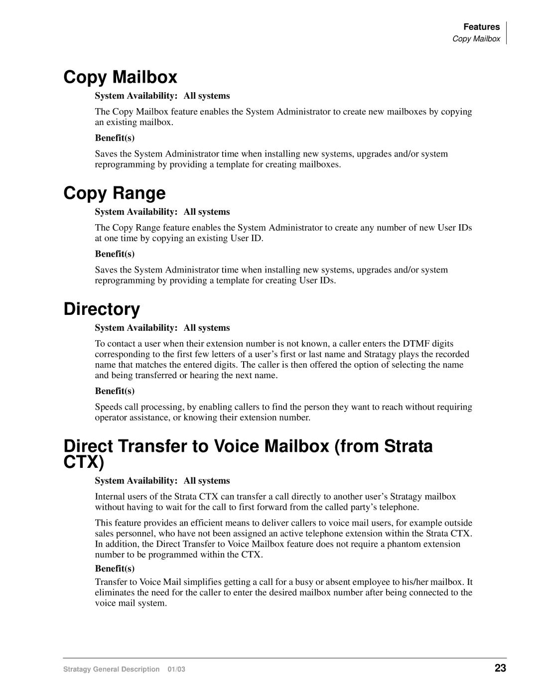 Toshiba IES32, ES4, ES96R, ES80, IVP8 Copy Mailbox, Copy Range, Directory, Direct Transfer to Voice Mailbox from Strata CTX 