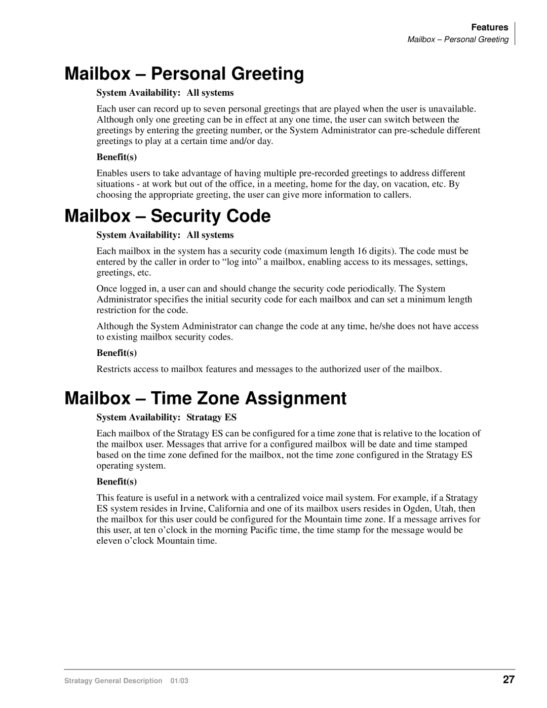 Toshiba IVP8, ES4, ES96R, ES80, IES32 manual Mailbox Personal Greeting, Mailbox Security Code, Mailbox Time Zone Assignment 