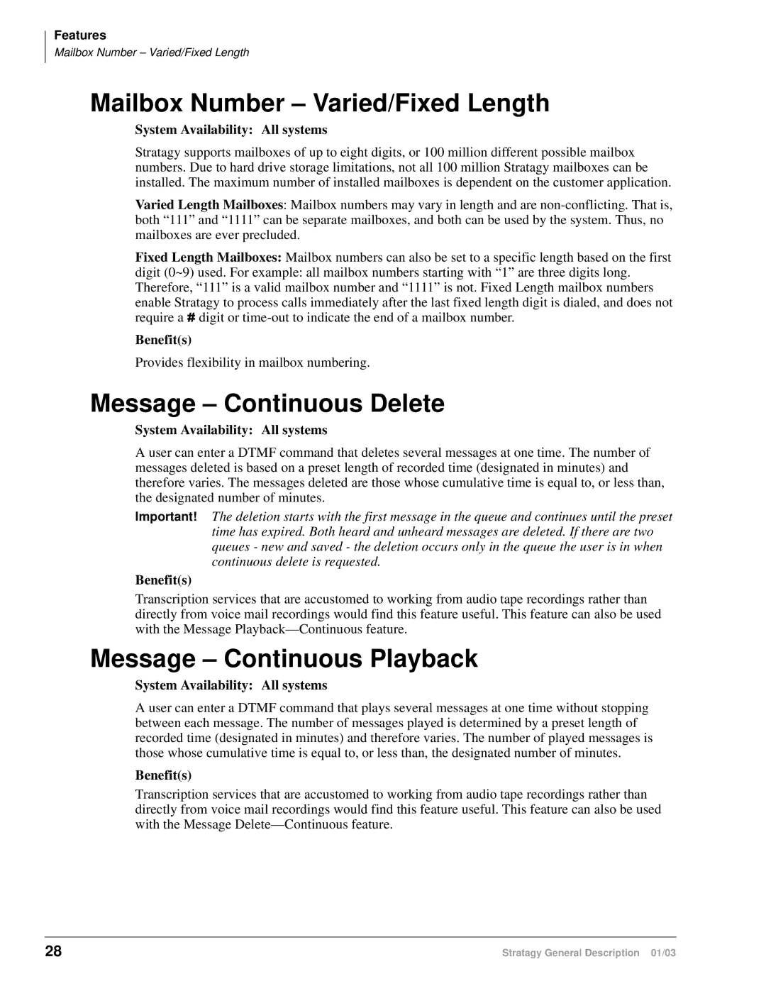 Toshiba ES4, ES96R, ES80, IVP8 Mailbox Number Varied/Fixed Length, Message Continuous Delete, Message Continuous Playback 