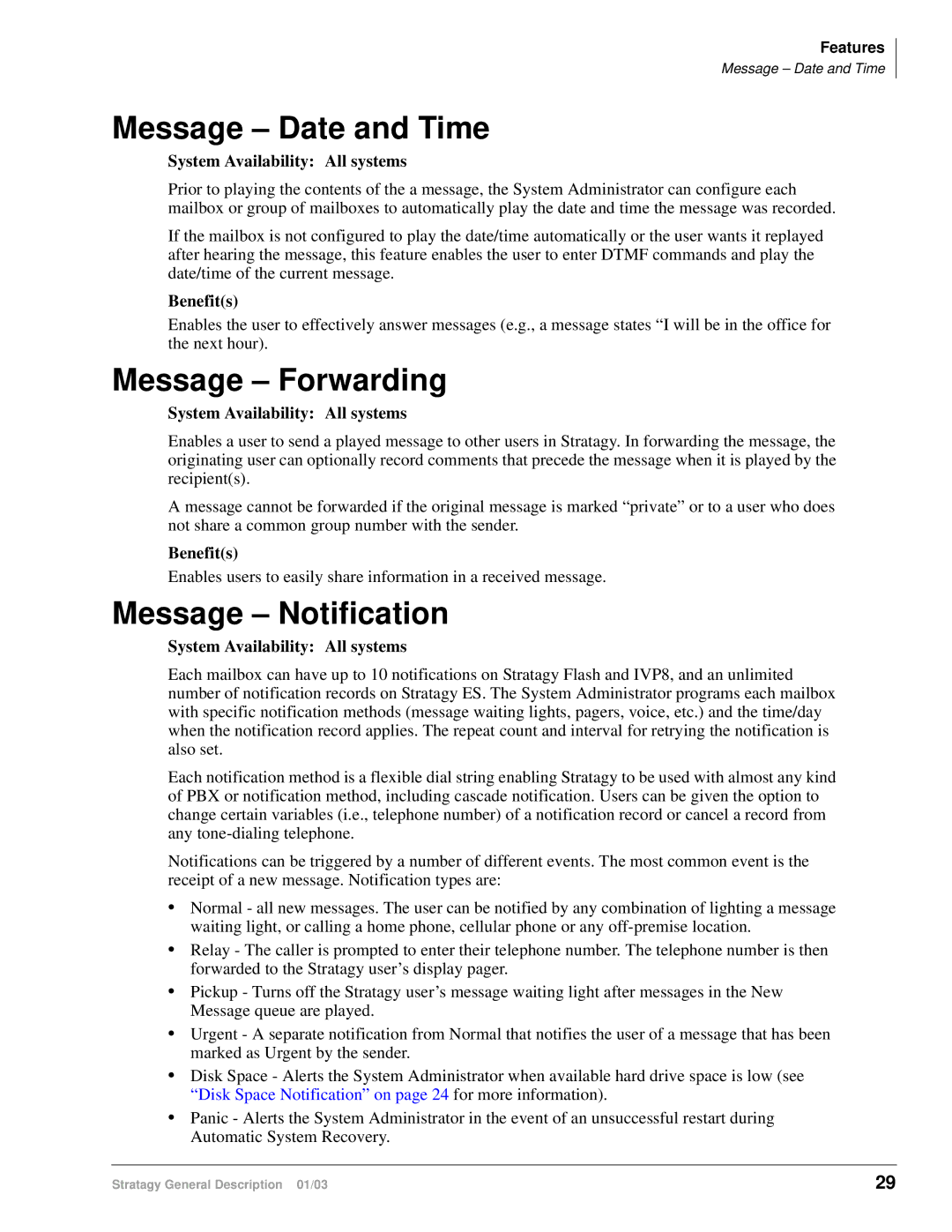 Toshiba IES32, ES4, ES96R, ES80, IVP8 manual Message Date and Time, Message Forwarding, Message Notification 