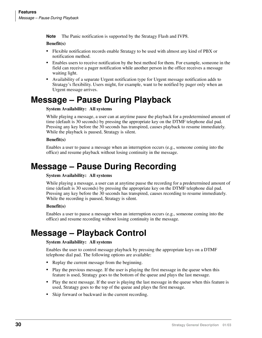 Toshiba ES4, ES96R, ES80, IVP8, IES32 Message Pause During Playback, Message Pause During Recording, Message Playback Control 