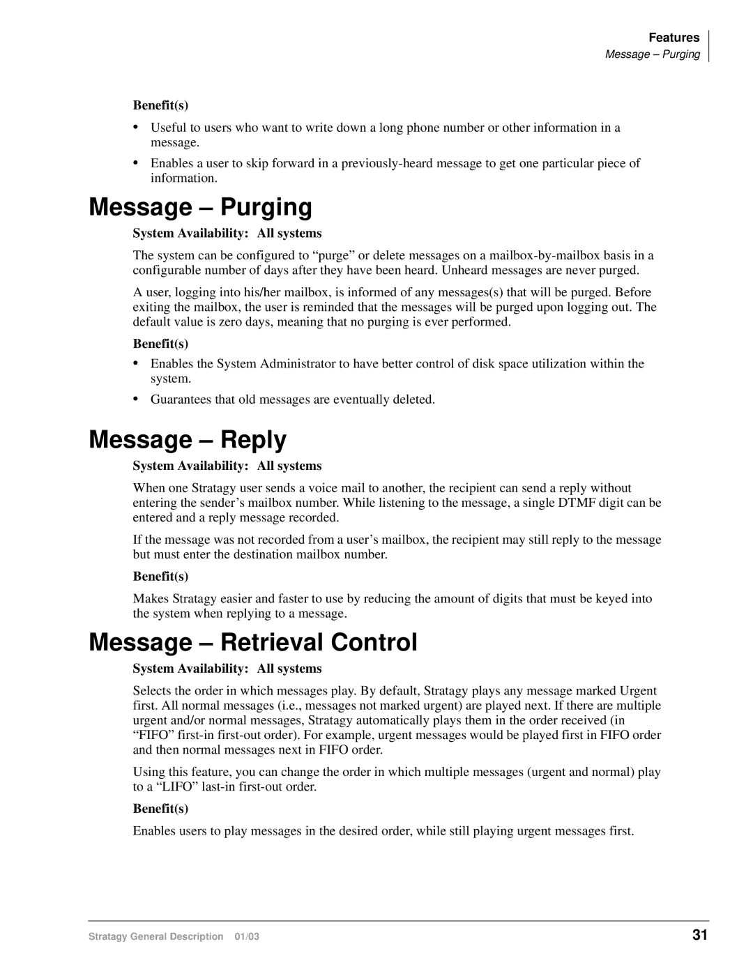 Toshiba ES96R, ES4, ES80, IVP8, IES32 manual Message Purging, Message Reply, Message Retrieval Control 