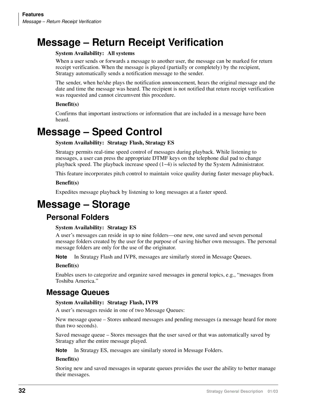 Toshiba ES80 Message Return Receipt Verification, Message Speed Control, Message Storage, Personal Folders, Message Queues 