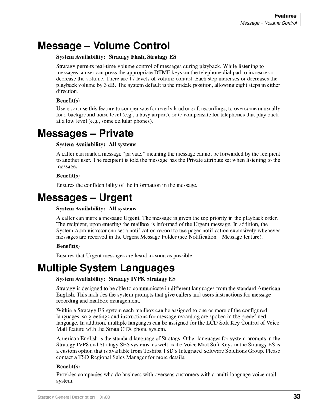 Toshiba IVP8, ES4, ES96R, ES80, IES32 Message Volume Control, Messages Private, Messages Urgent, Multiple System Languages 