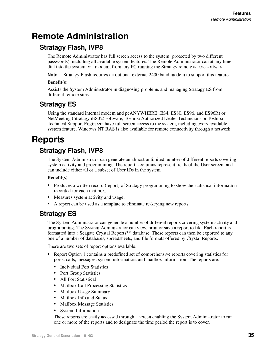 Toshiba IES32, ES4, ES96R, ES80, IVP8 manual Remote Administration, Reports 