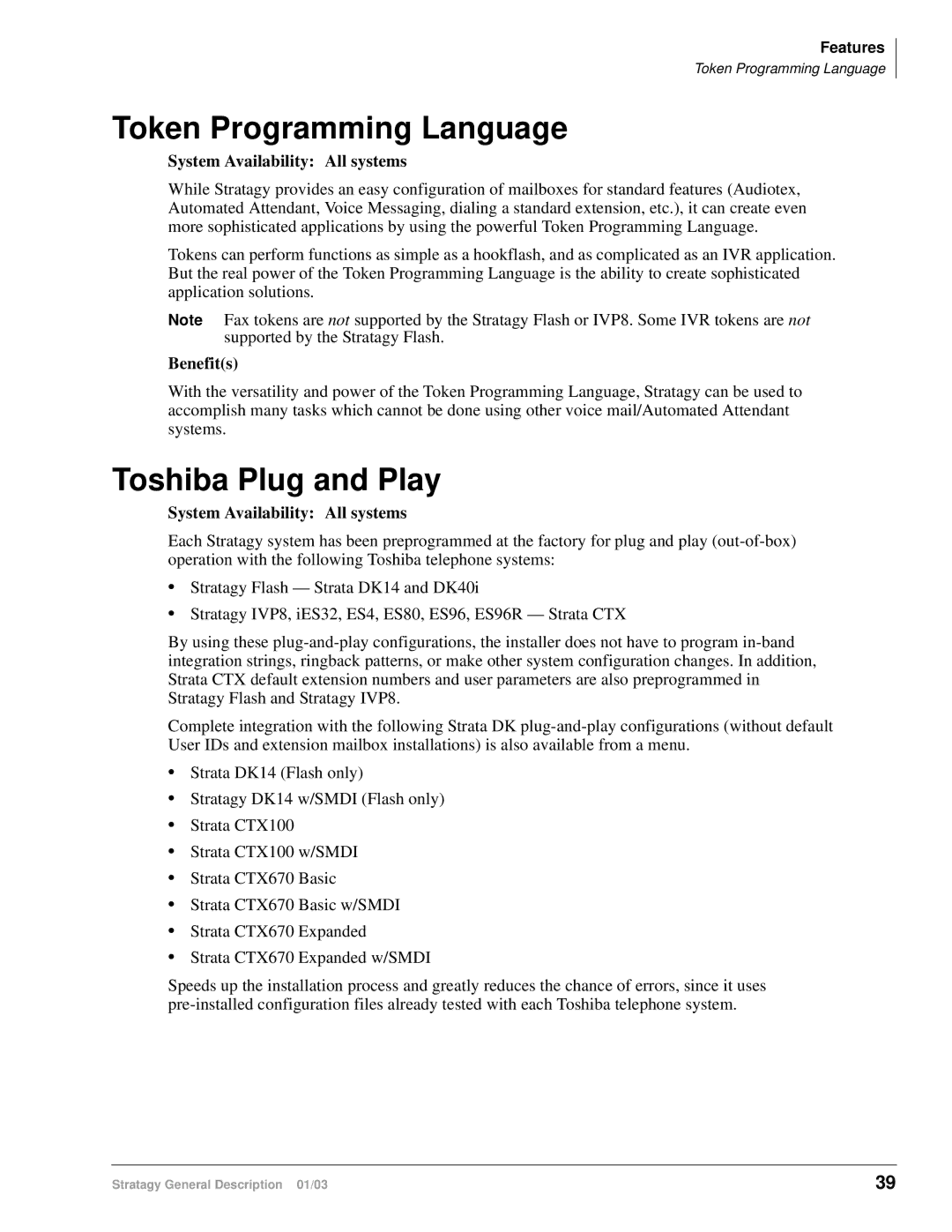 Toshiba IVP8, ES4, ES96R, ES80, IES32 manual Token Programming Language, Toshiba Plug and Play 