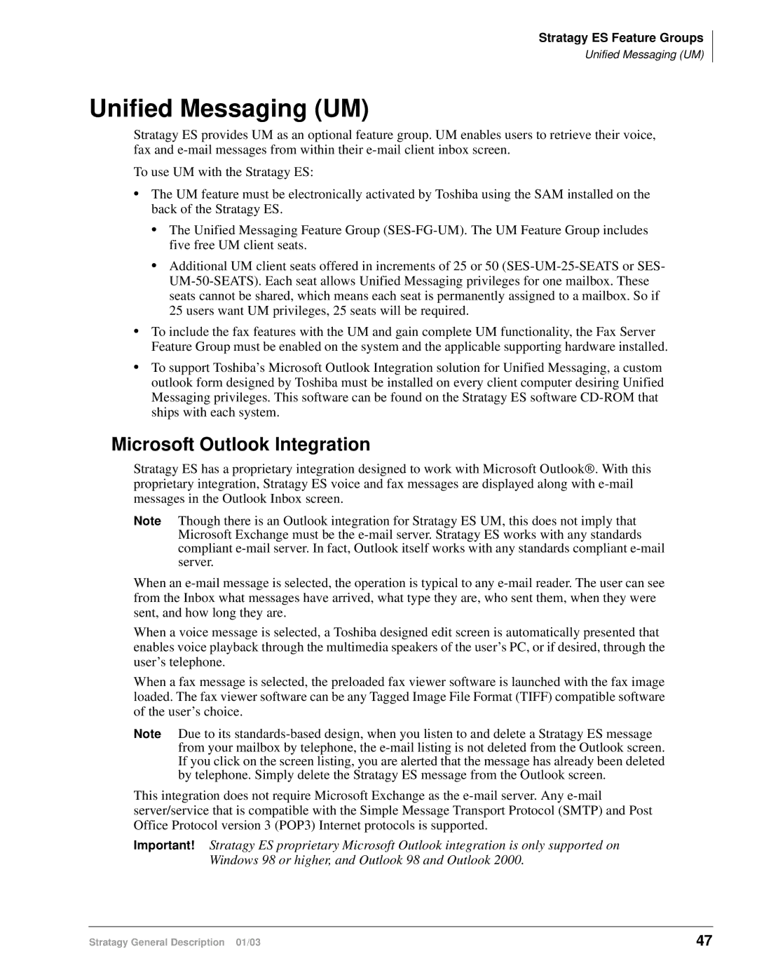 Toshiba IES32, ES4, ES96R, ES80, IVP8 manual Unified Messaging UM, Microsoft Outlook Integration 