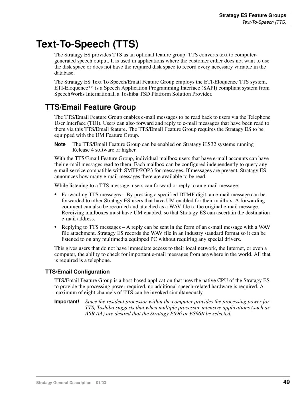 Toshiba ES96R, ES4, ES80, IVP8, IES32 manual Text-To-Speech TTS, TTS/Email Feature Group, TTS/Email Configuration 