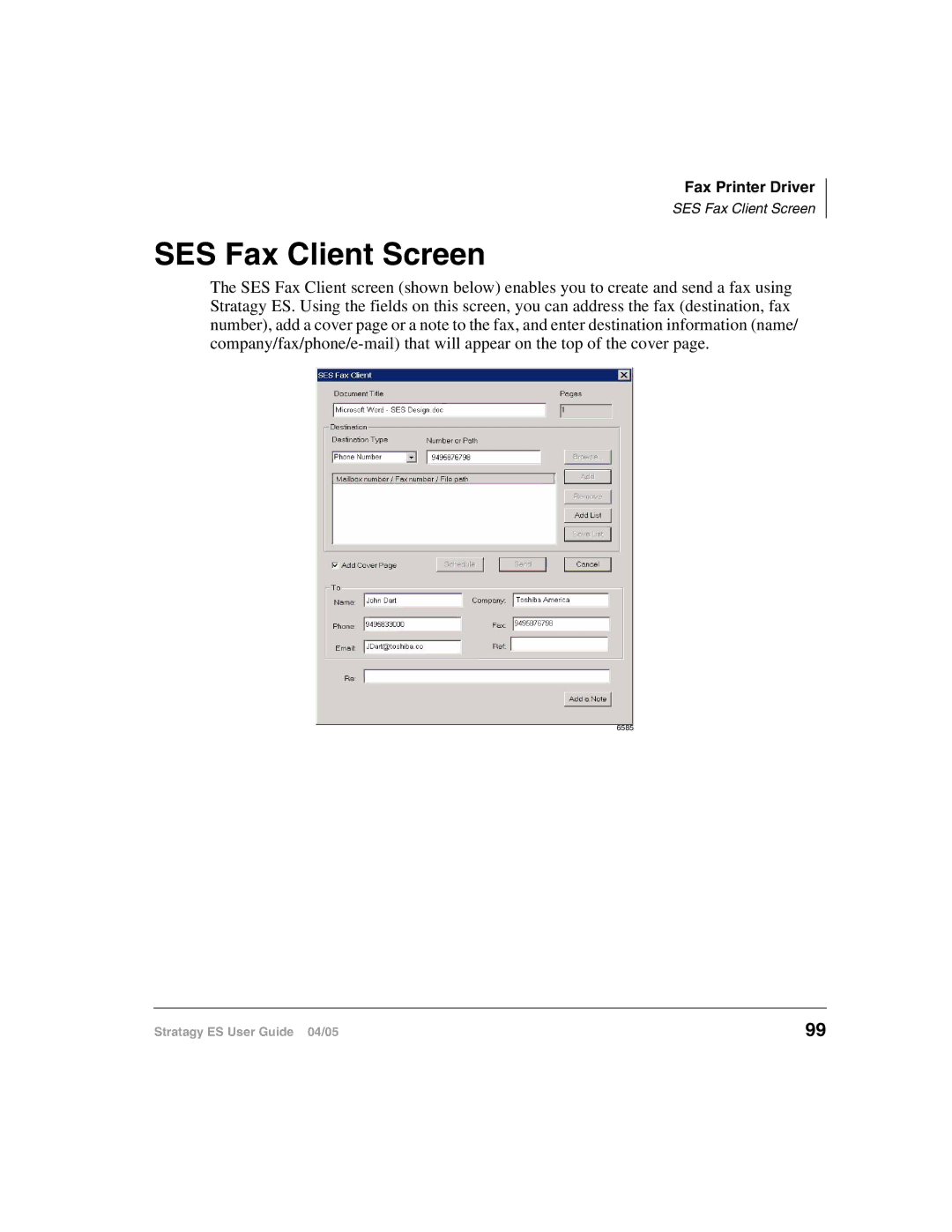 Toshiba IES32, ES48, ES96R2, IES16, ES8 manual SES Fax Client Screen 