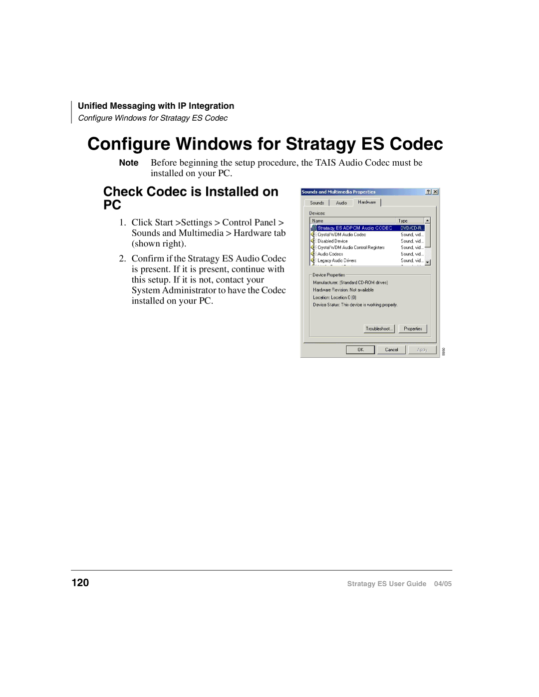 Toshiba ES96R2, ES48, IES32, IES16, ES8 manual Configure Windows for Stratagy ES Codec, Check Codec is Installed on, 120 