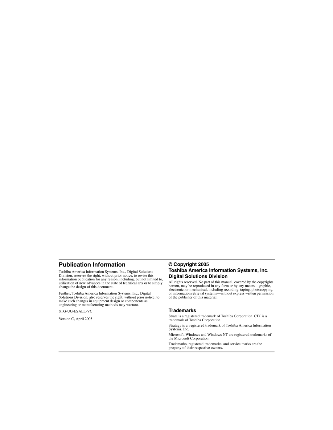 Toshiba ES96R2, ES48, IES32, IES16, ES8 manual Publication Information 