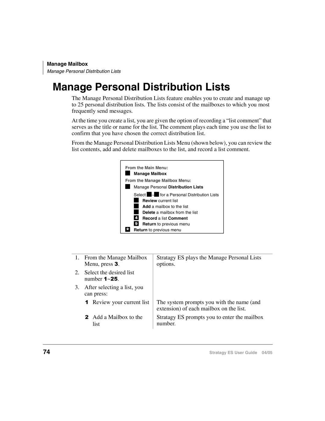 Toshiba IES32, ES48, ES96R2, IES16, ES8 manual Manage Personal Distribution Lists, From the Manage Mailbox Menu 