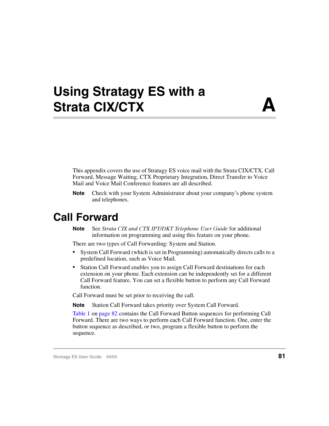 Toshiba IES16, ES48, IES32, ES96R2, ES8 manual Using Stratagy ES with a Strata CIX/CTX, Call Forward 