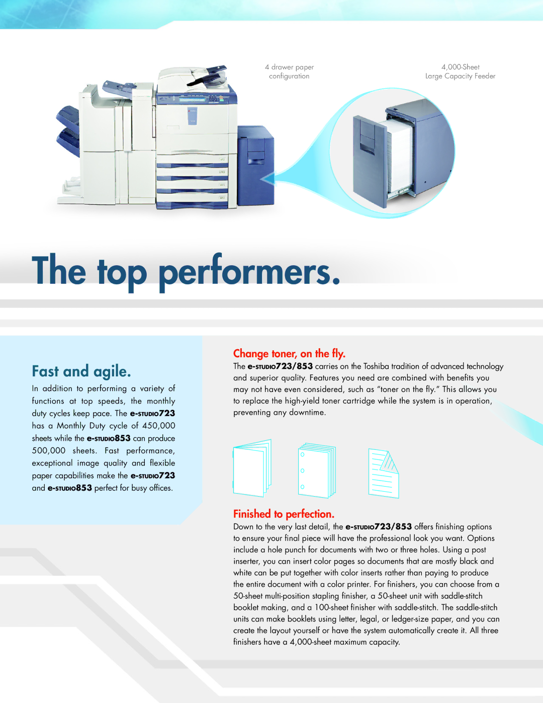 Toshiba eSTUDIO 723, eSTUDIO 853 manual Top performers, Change toner, on the ﬂy, Finished to perfection 